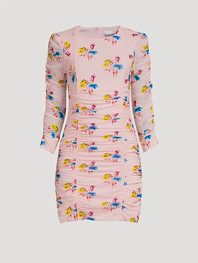 Ruched Mesh Mini Dress Floral Print