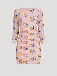 Ruched Mesh Mini Dress Floral Print