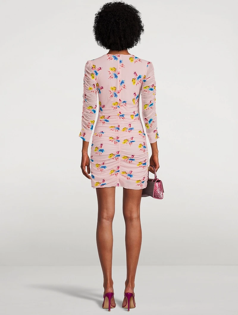 Ruched Mesh Mini Dress Floral Print