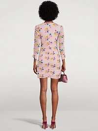 Ruched Mesh Mini Dress Floral Print