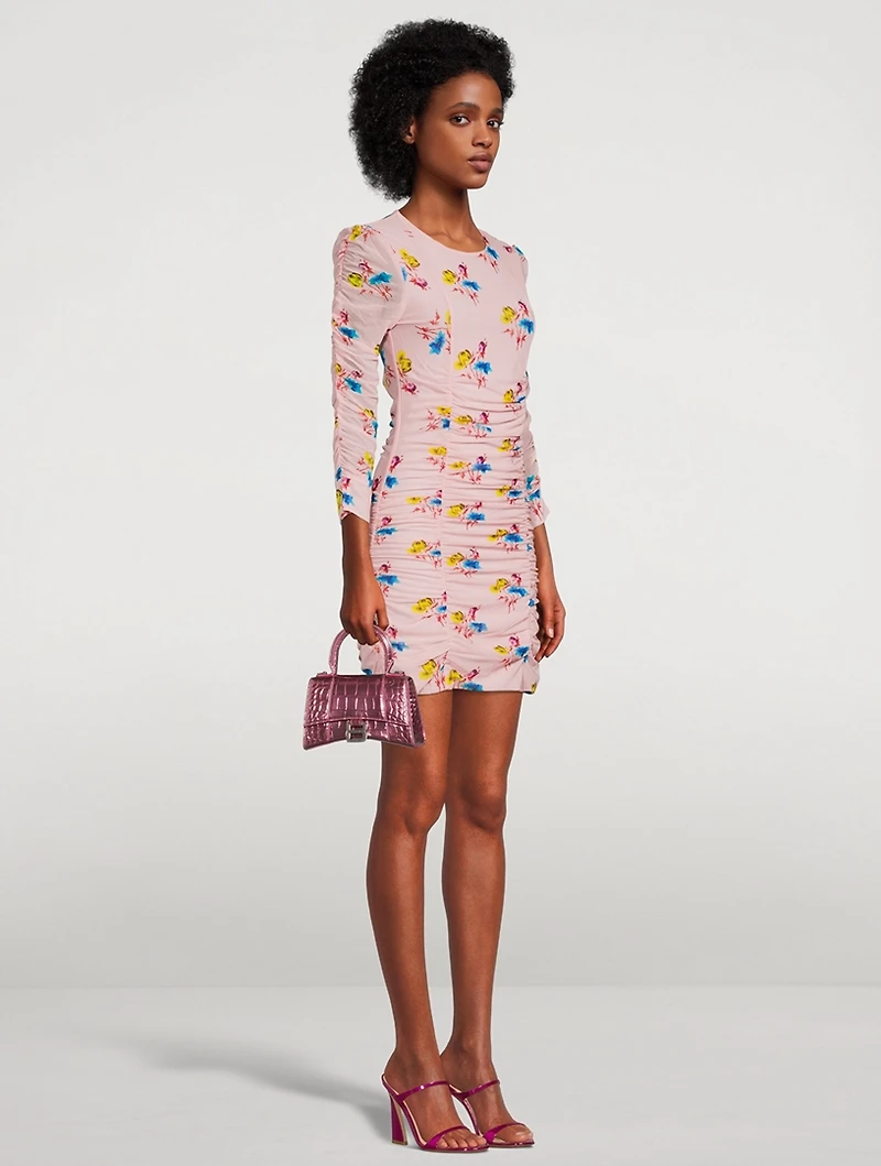 Ruched Mesh Mini Dress Floral Print