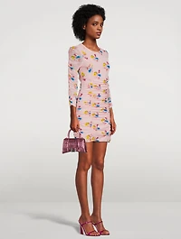 Ruched Mesh Mini Dress Floral Print