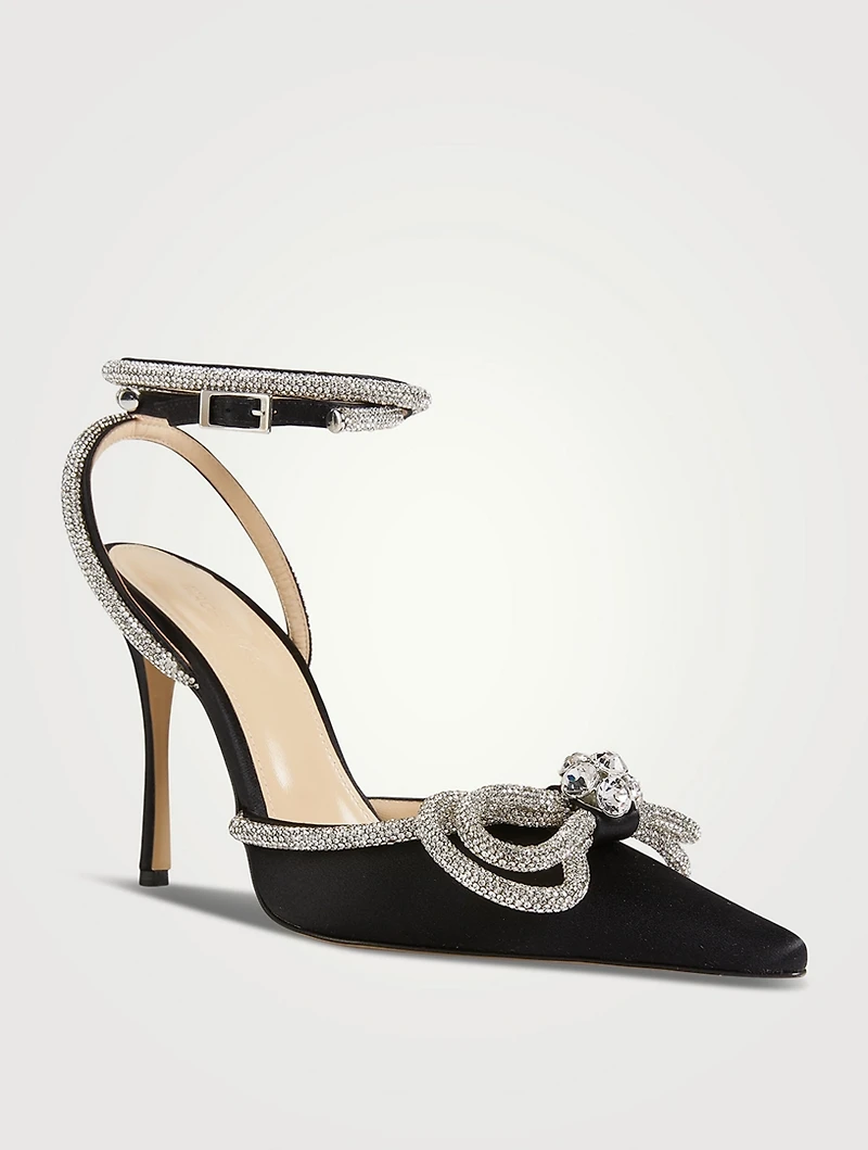 Double Bow Crystal-Embellished Satin Pumps