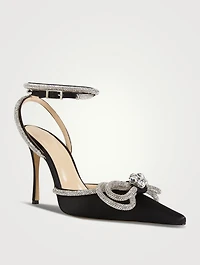 Double Bow Crystal-Embellished Satin Pumps