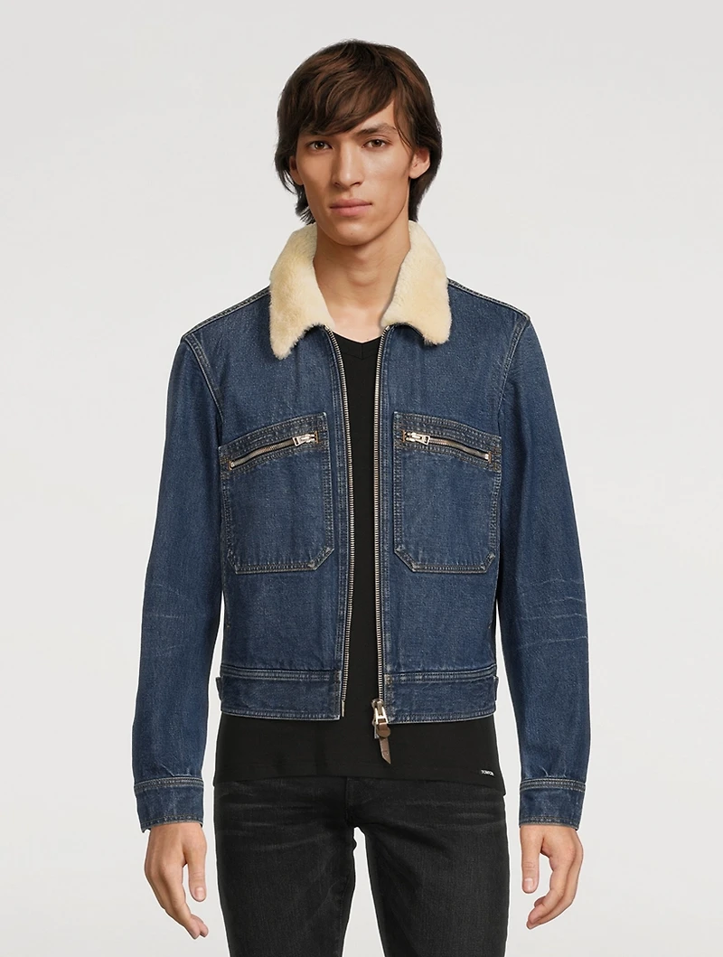 Denim Zip Blouson Jacket With Shearling Collar