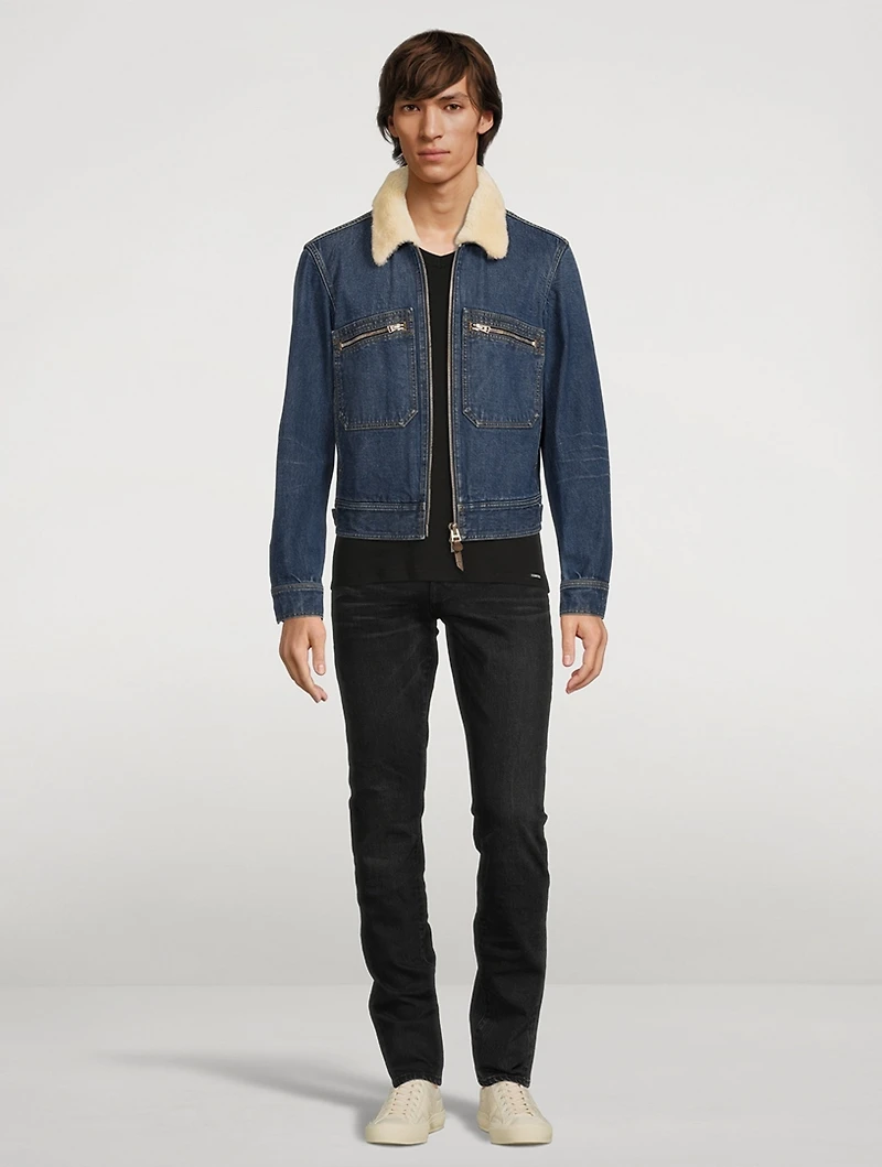 Denim Zip Blouson Jacket With Shearling Collar