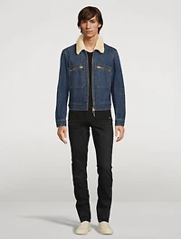 Denim Zip Blouson Jacket With Shearling Collar