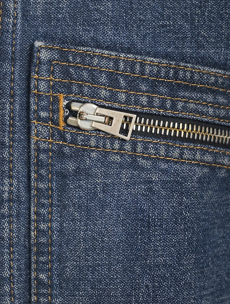 Denim Zip Blouson Jacket With Shearling Collar