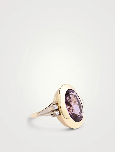 Vintage 14K Gold Oval Amethyst Cocktail Ring With Diamonds