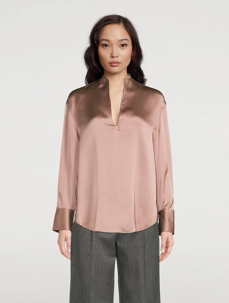 Split-Neck Silk Tunic Blouse