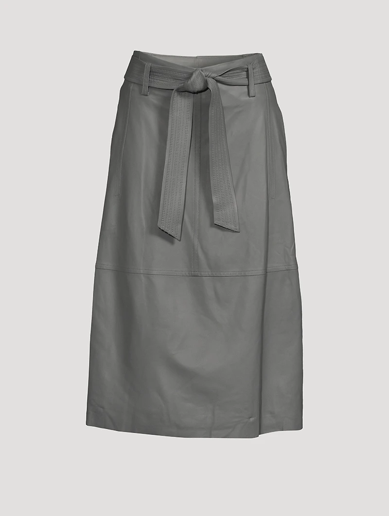 Belted Leather Midi Skirt