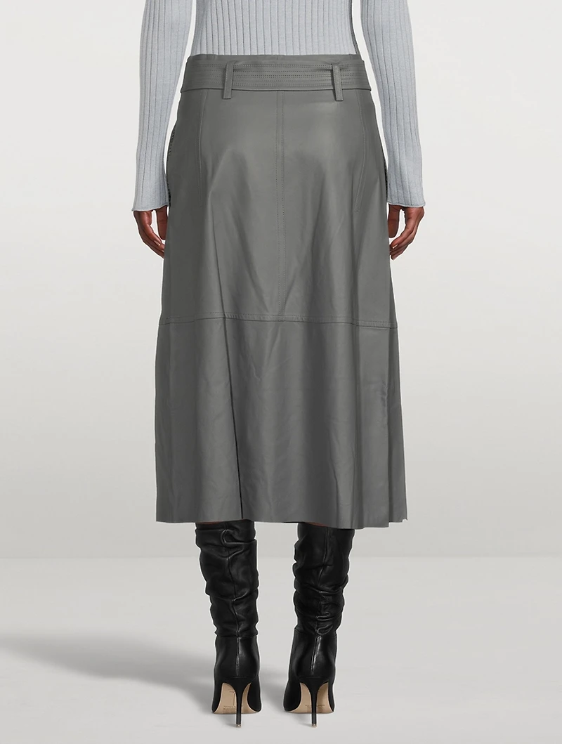 Belted Leather Midi Skirt