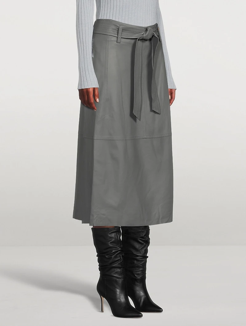 Belted Leather Midi Skirt