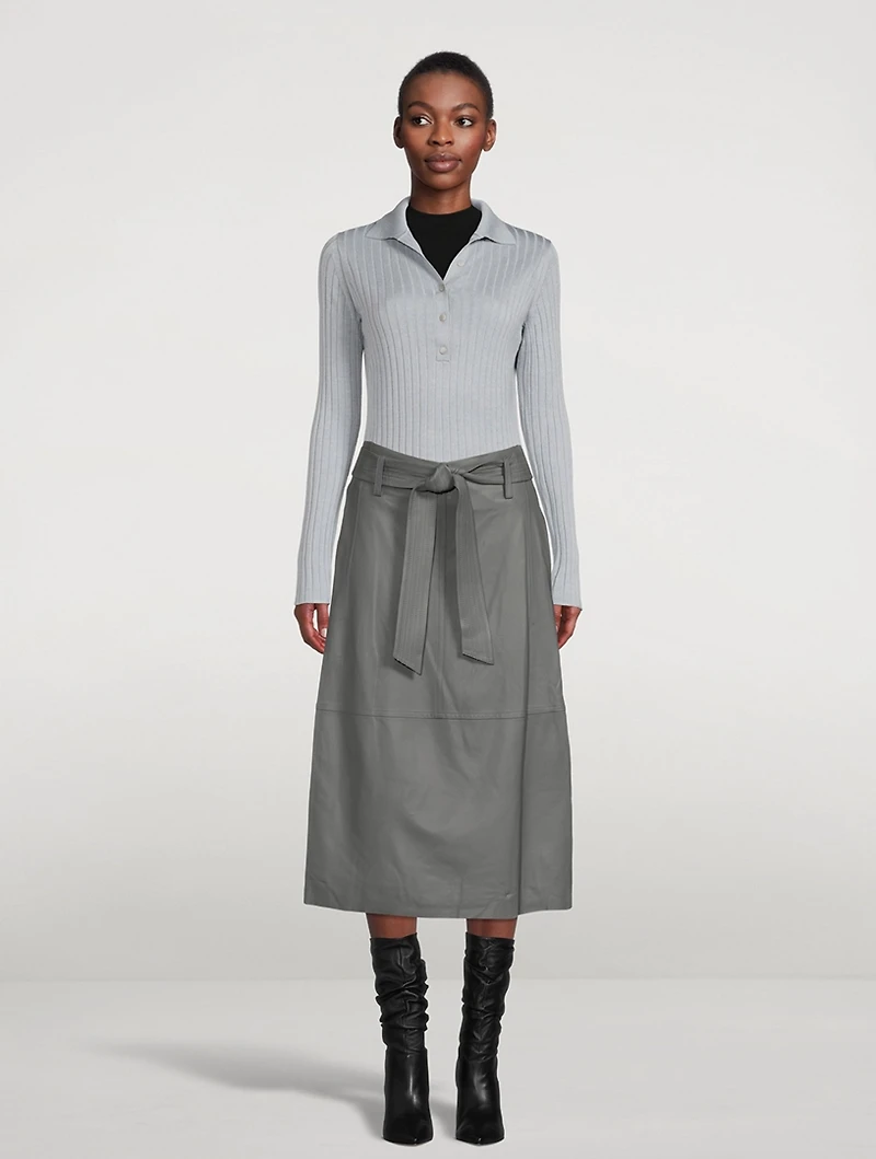 Belted Leather Midi Skirt