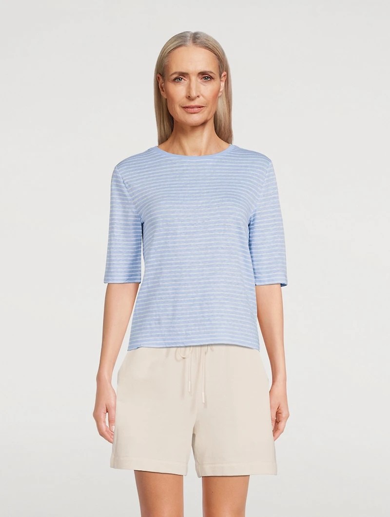 Striped Linen Elbow Sleeve T-Shirt