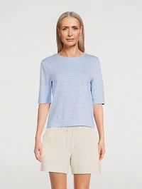 Striped Linen Elbow Sleeve T-Shirt