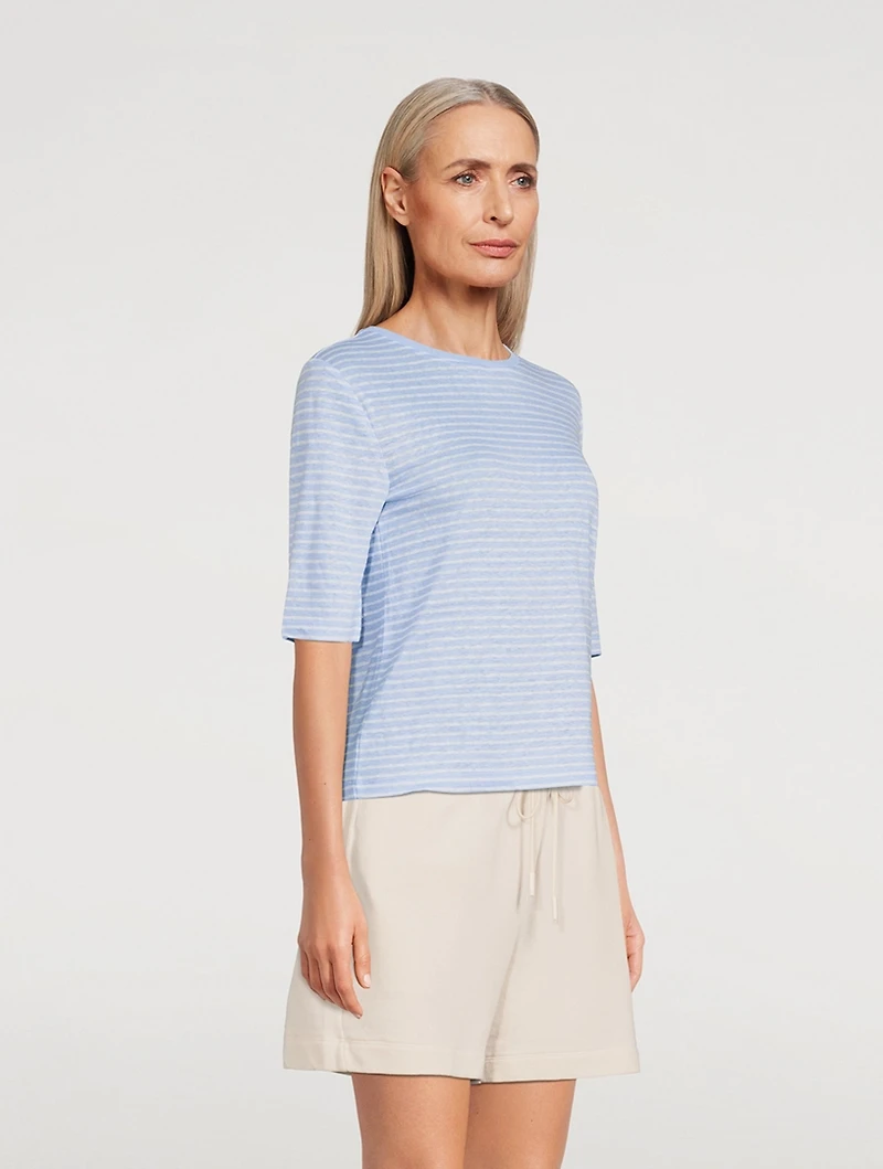 Striped Linen Elbow Sleeve T-Shirt