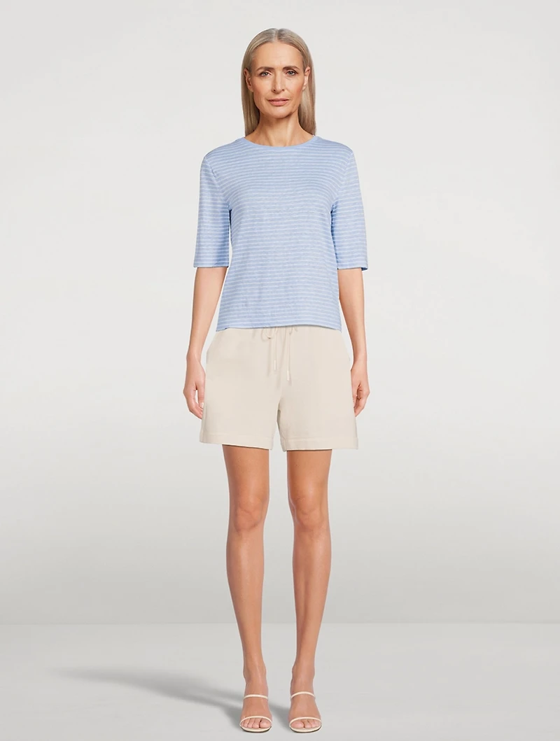 Striped Linen Elbow Sleeve T-Shirt