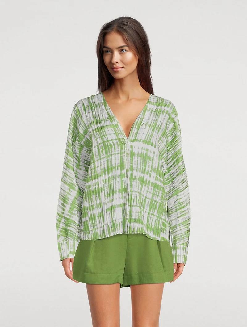 Silk Double V-Neck Blouse Tie Dye Print