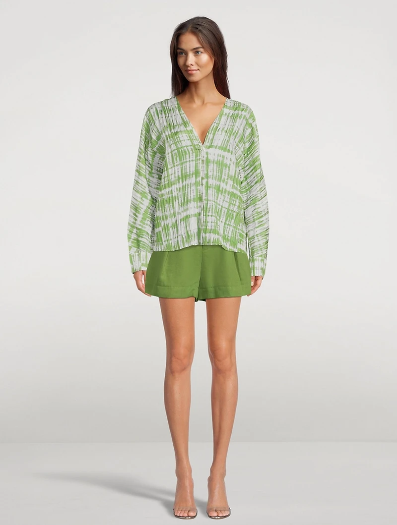 Silk Double V-Neck Blouse Tie Dye Print