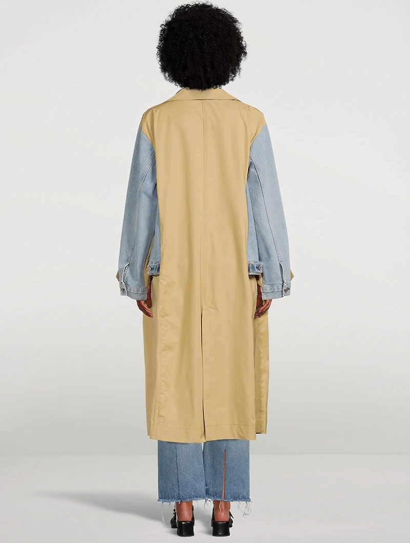 Spliced Denim Trench Coat