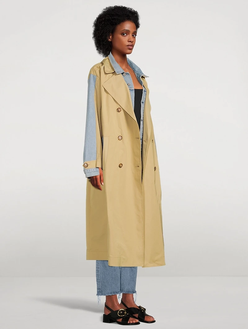 Spliced Denim Trench Coat