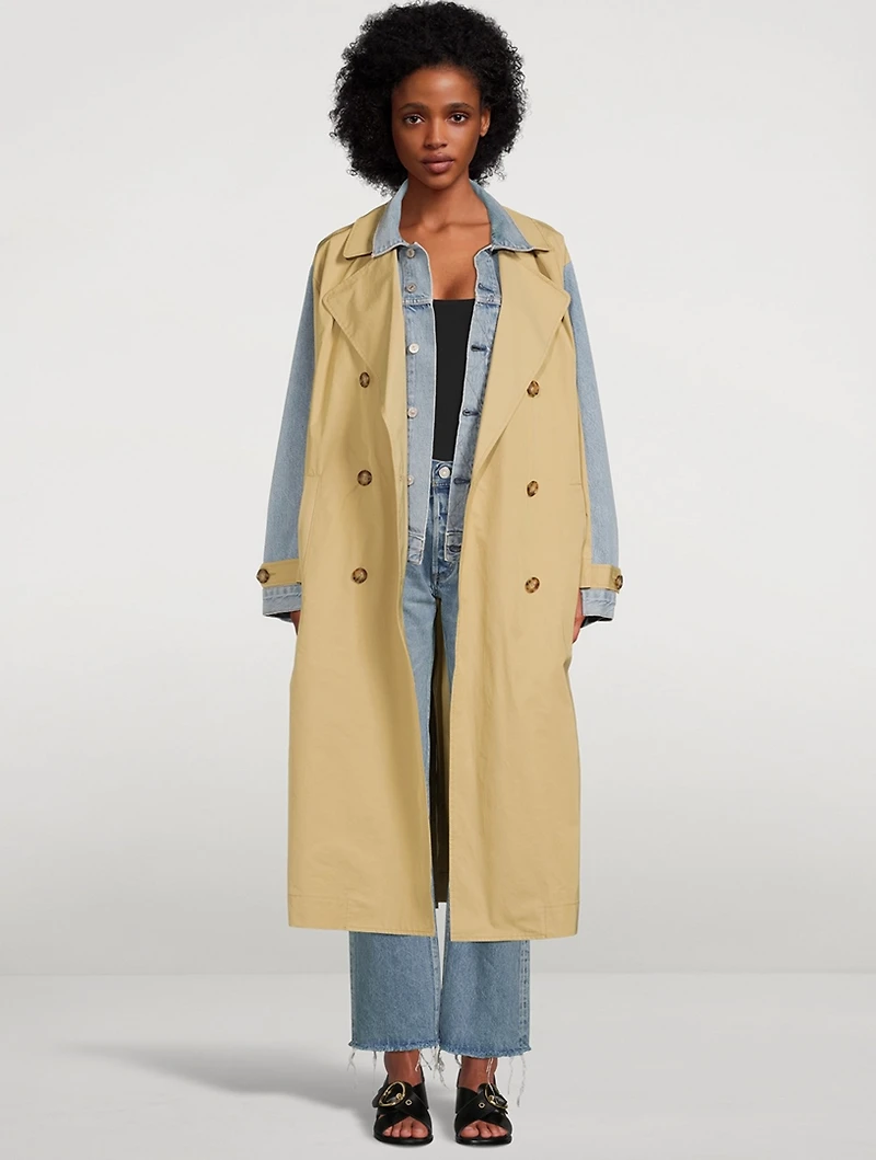 Spliced Denim Trench Coat