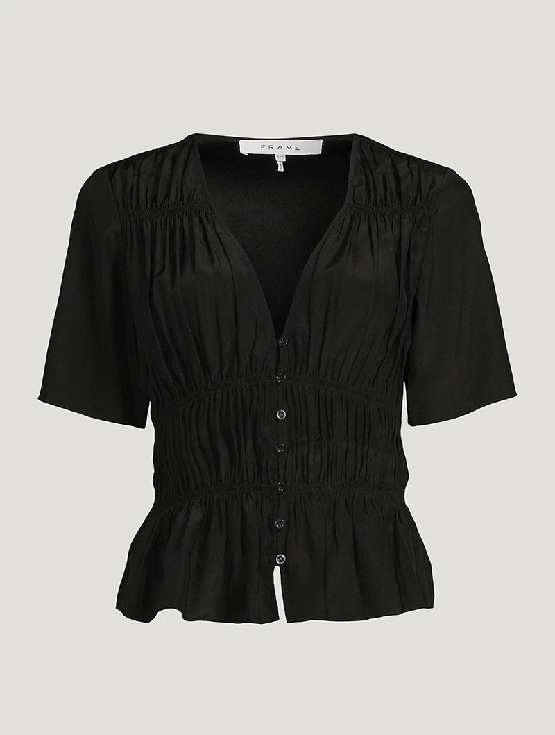 Ruched Silk V-Neck Blouse
