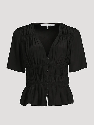 Ruched Silk V-Neck Blouse