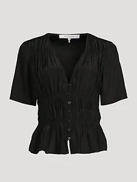 Ruched Silk V-Neck Blouse