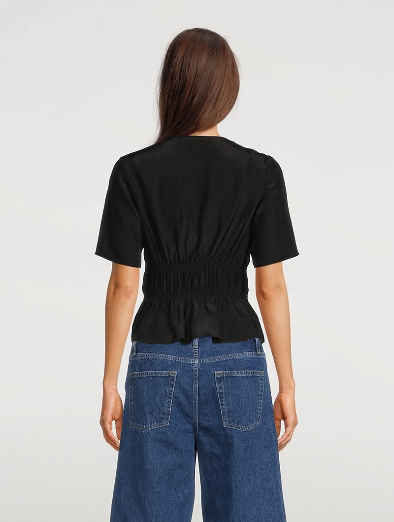 Ruched Silk V-Neck Blouse