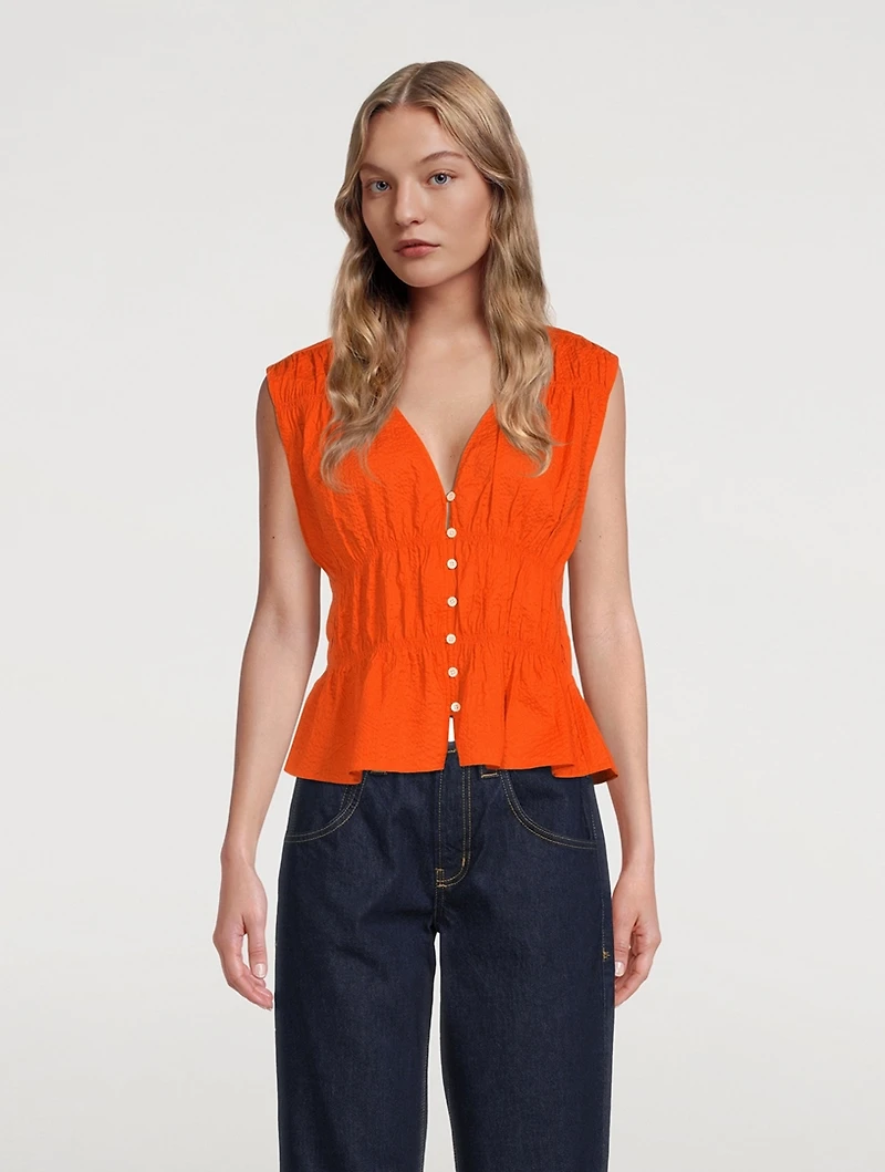Ruched Cotton V-Neck Sleeveless Blouse