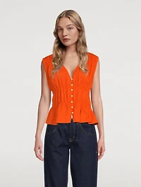 Ruched Cotton V-Neck Sleeveless Blouse