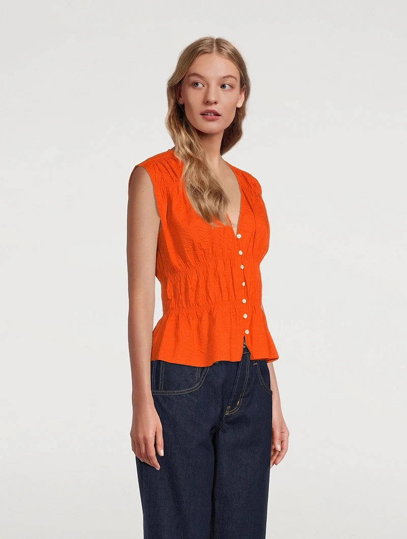 Ruched Cotton V-Neck Sleeveless Blouse