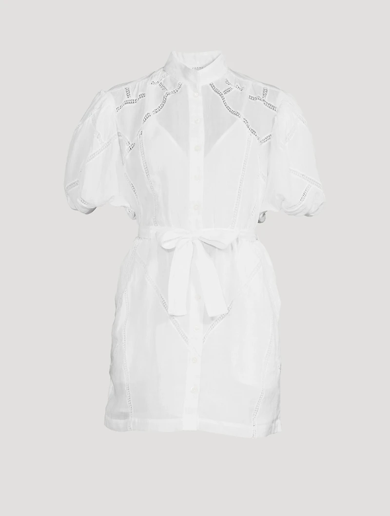 Inset Lace Puff-Sleeve Shirt Dress