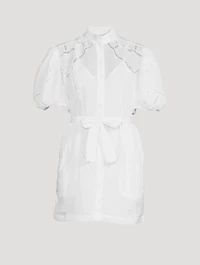 Inset Lace Puff-Sleeve Shirt Dress