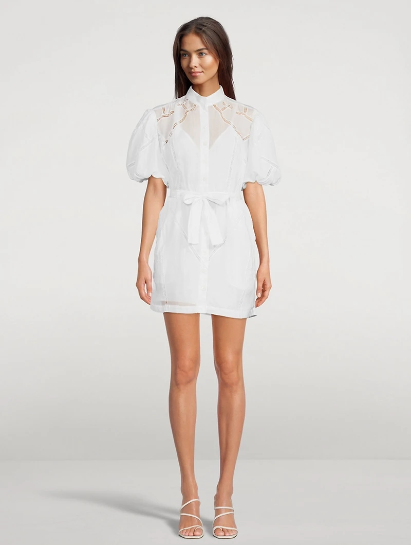 Inset Lace Puff-Sleeve Shirt Dress
