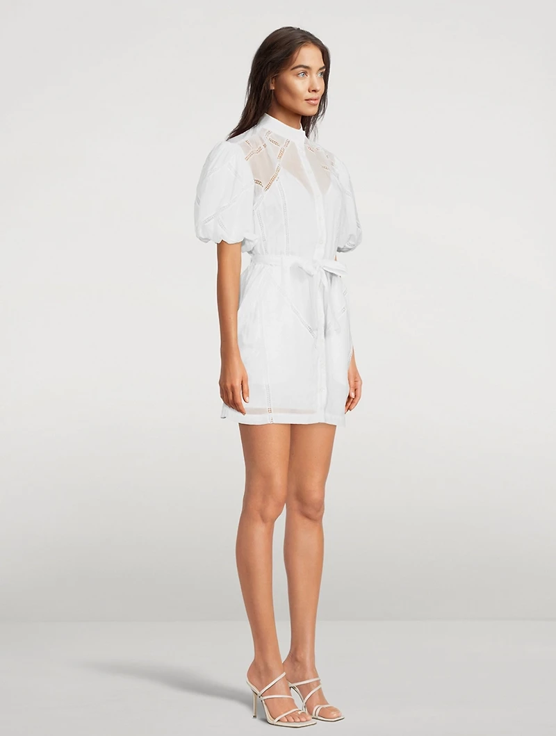 Inset Lace Puff-Sleeve Shirt Dress