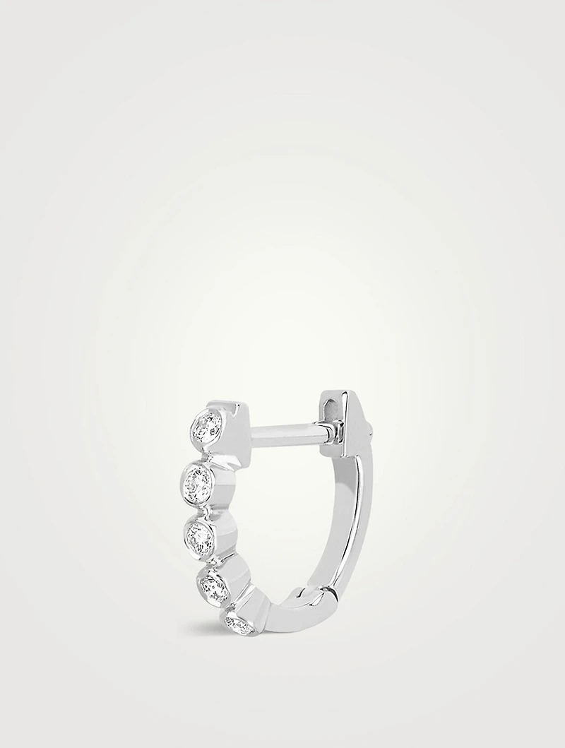 14K White Gold Bezel Huggie Hoop Earring With Diamonds