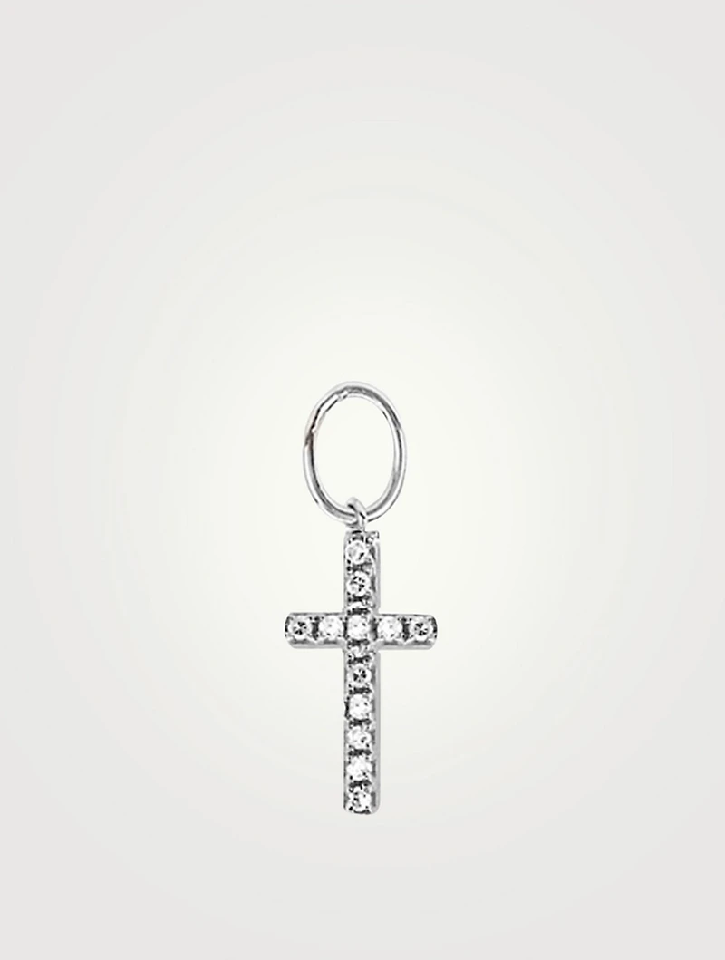 14K White Gold Mini Cross Huggie Charm With Diamonds