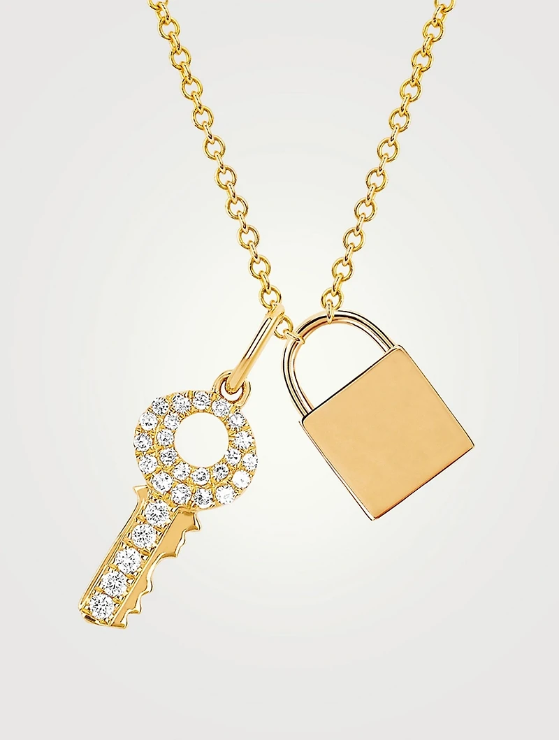 14K Gold Lock And Key Necklace With Diamonds