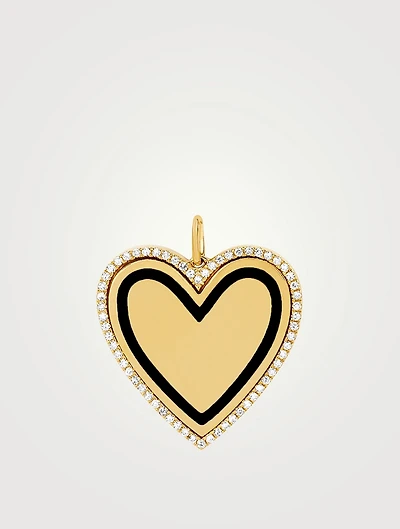 14K Gold Black Enamel Heart Charm Pendant With Diamonds
