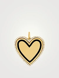 14K Gold Black Enamel Heart Charm Pendant With Diamonds