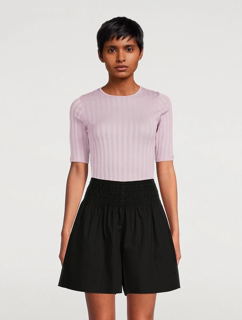 Ribbed Cotton Elbow Sleeve T-Shirt