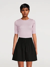 Ribbed Cotton Elbow Sleeve T-Shirt