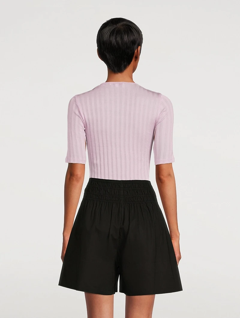 Ribbed Cotton Elbow Sleeve T-Shirt