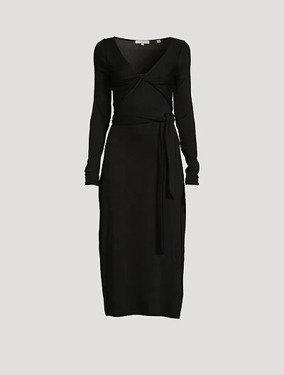Long-Sleeve Wrap Midi Dress