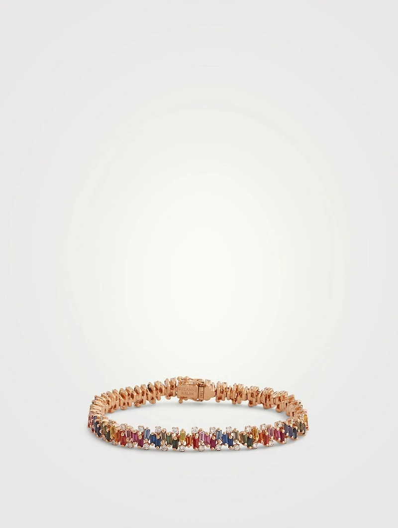Fireworks 18K Rose Gold Tennis Bracelet Rainbow Sapphires And White Diamonds
