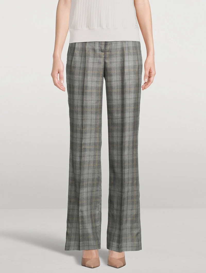 Cashmere Silk Gabardine Wide-Leg Trousers Check Print