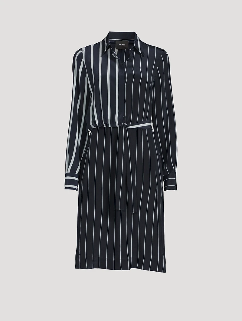 Silk Crêpe Side-Tie Shirt Dress In Stripe Print